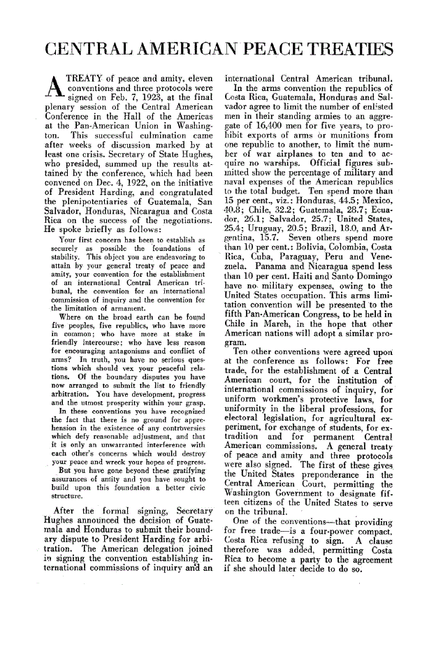 First page of Central American Peace Treaties