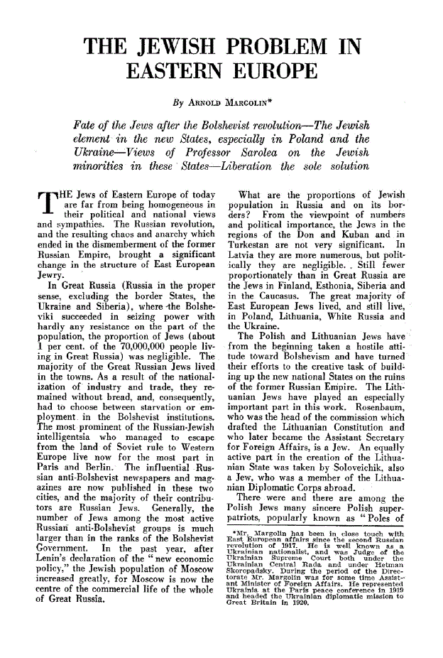 First page of The Jewish Problem in Eastern Europe