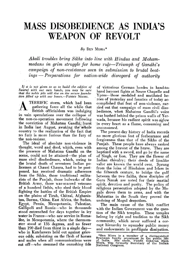 First page of Mass Disobedience as India’s Weapon of Revolt
