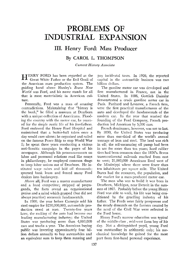 First page of Problems of  Industrial Expansion<subtitle>III. Henry Ford: Mass Producer</subtitle>
