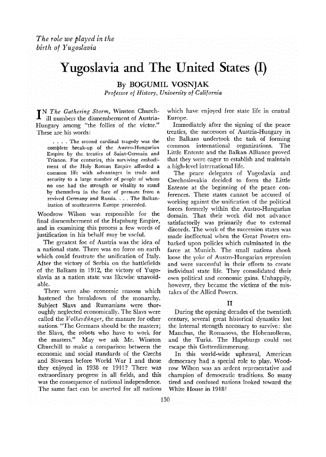 First page of Yugoslavia and The United States (I)