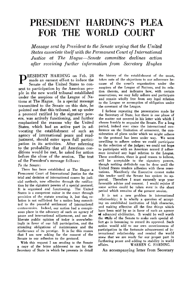 First page of President Harding’s Plea for the World Court