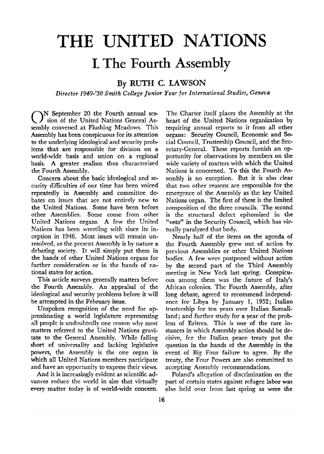 First page of The United Nations<subtitle>I. The Fourth Assembly</subtitle>