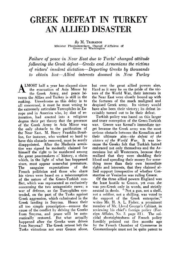 First page of Greek Defeat in Turkey an Allied Disaster