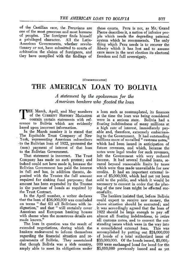 First page of The American Loan to Bolivia