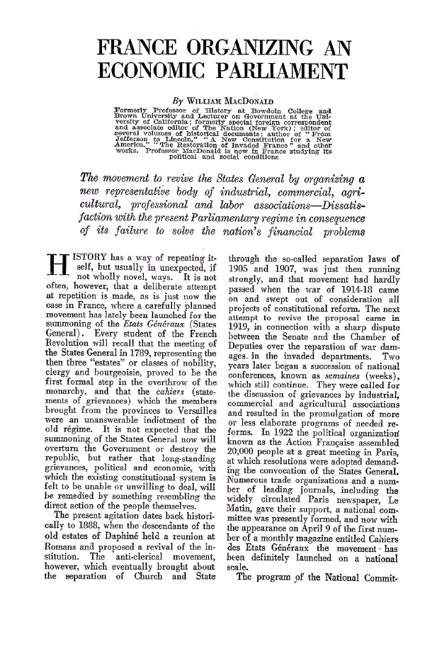 First page of France Organizing an Economic Parliament