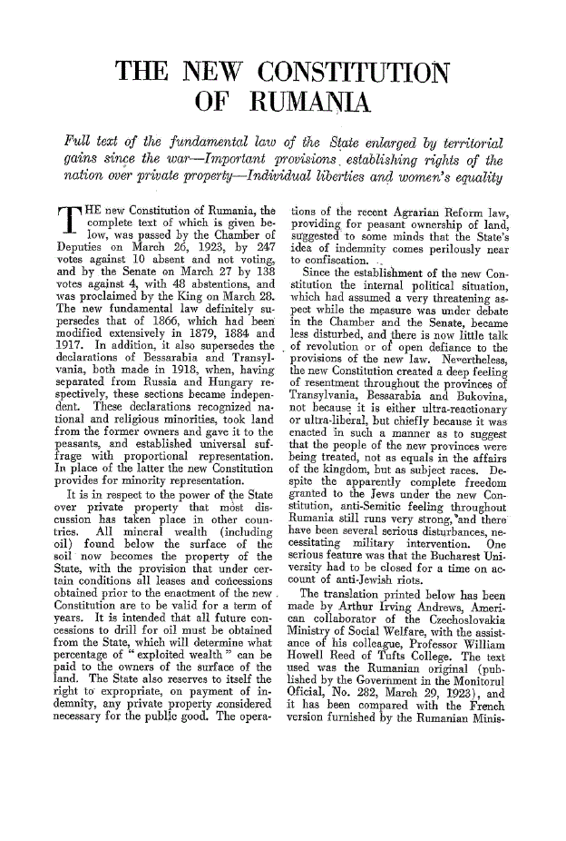 First page of The New Constitution of Rumania