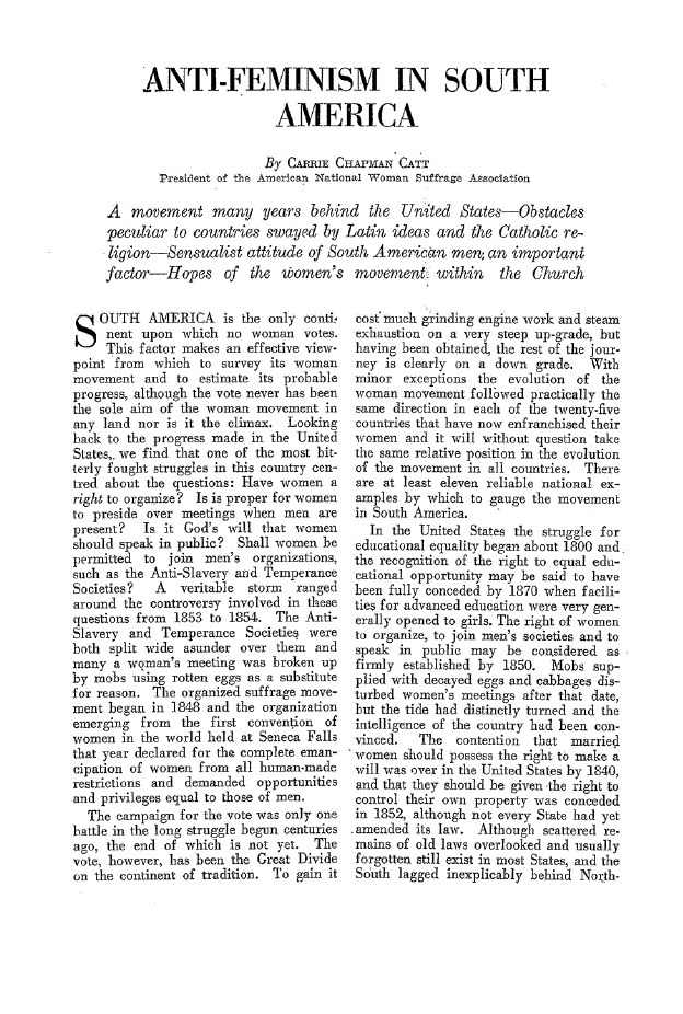 First page of Anti-Feminism in South America