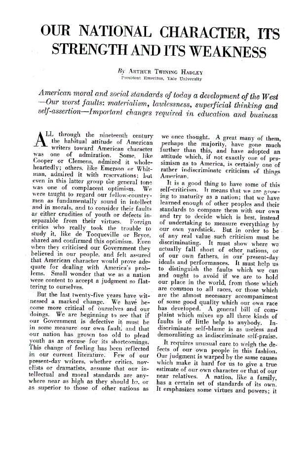 First page of Our National Character, Its Strength and Its Weakness