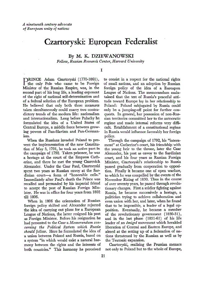 First page of Czartoryski<subtitle>European Federalist</subtitle>