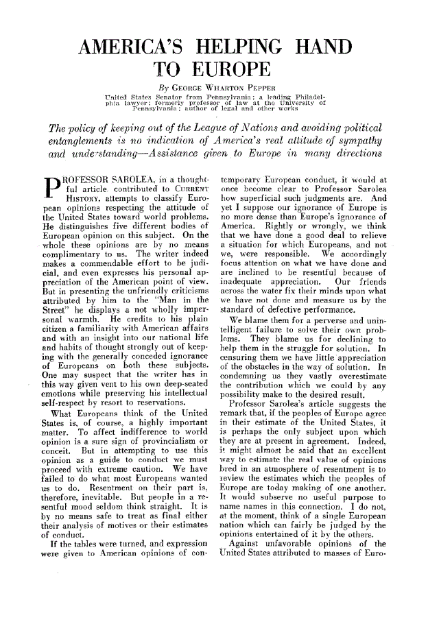 First page of America’s Helping Hand to Europe