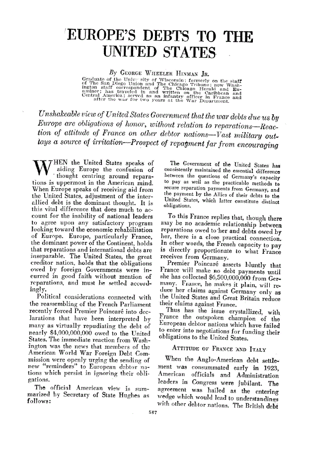 First page of Europe’s Debts to the United States
