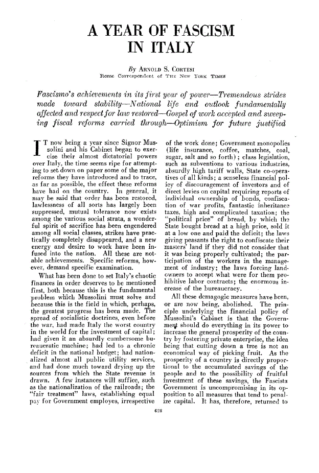 First page of A Year of Fascism in Italy