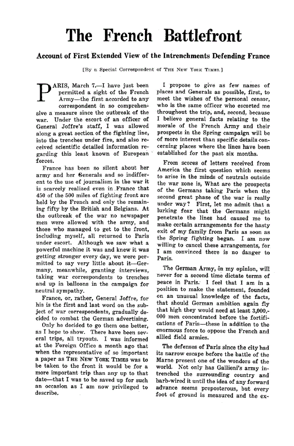 First page of The French Battlefront<subtitle>Account of First Extended View of the Intrenchments Defending France</subtitle>