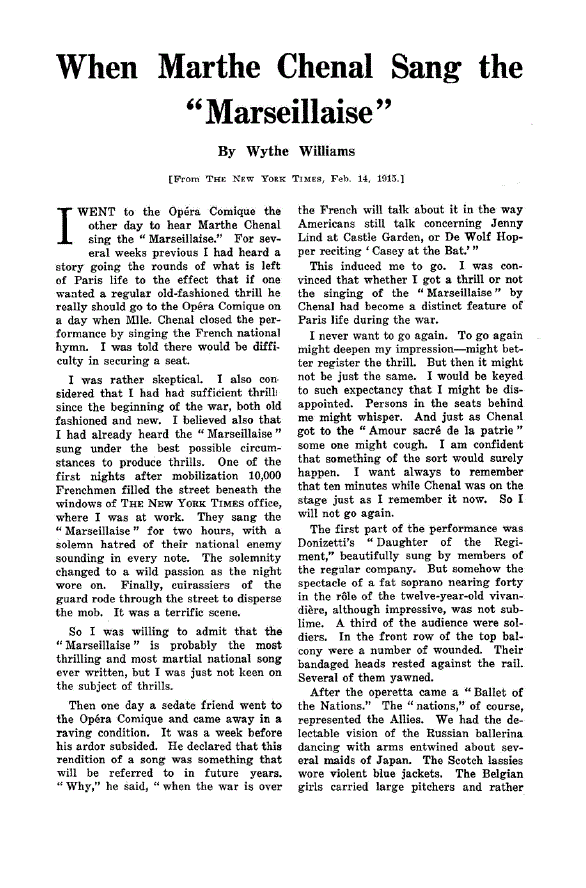 First page of When Marthe Chenal Sang the “Marseillaise”