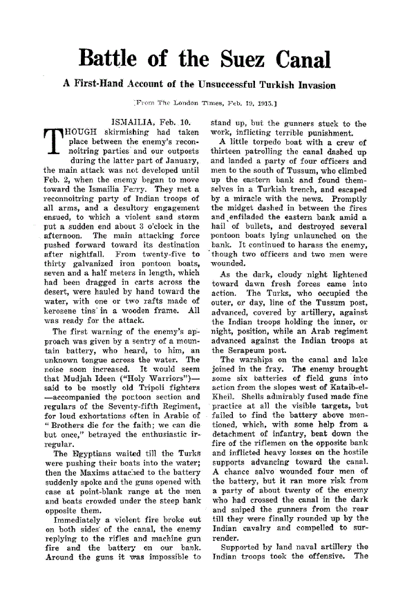First page of Battle of the Suez Canal<subtitle>A First-Hand Account of the Unsuccessful Turkish Invasion</subtitle>