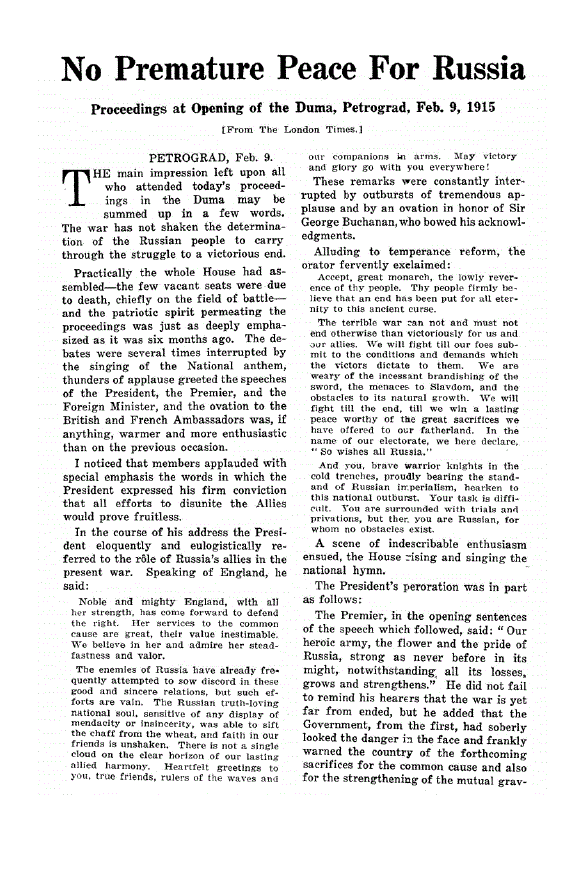 First page of No Premature Peace For Russia<subtitle>Proceedings at Opening of the Duma, Petrograd, Feb. 9, 1915</subtitle>