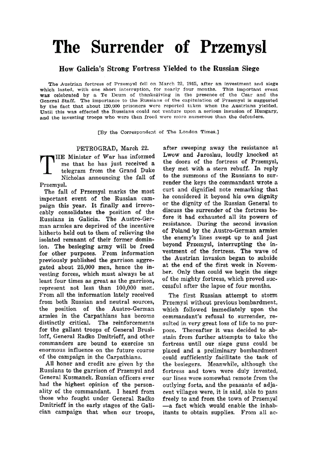 First page of The Surrender of Przemysl<subtitle>How Galicia’s Strong Fortress Yielded to the Russian Siege</subtitle>