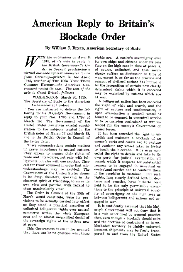 First page of American Reply to Britain’s Blockade Order