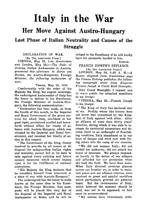 First page of Italy in the War<subtitle>Her Move Against Austro-Hungary Last Phase of Italian Neutrality and Causes of the Struggle</subtitle>
