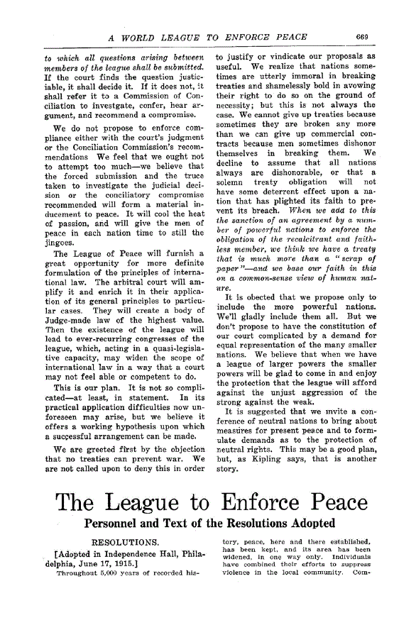 First page of The League to Enforce Peace<subtitle>Personnel and Text of the Resolutions Adopted</subtitle>