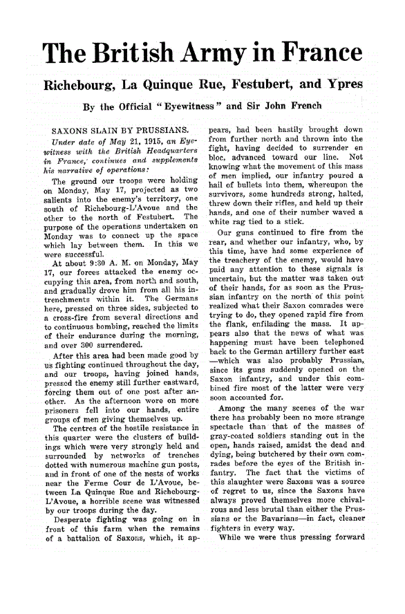 First page of The British Army in France<subtitle>Richebourg, La Quinque Rue, Festubert, and Ypres By the Official “Eyewitness” and Sir John French</subtitle>