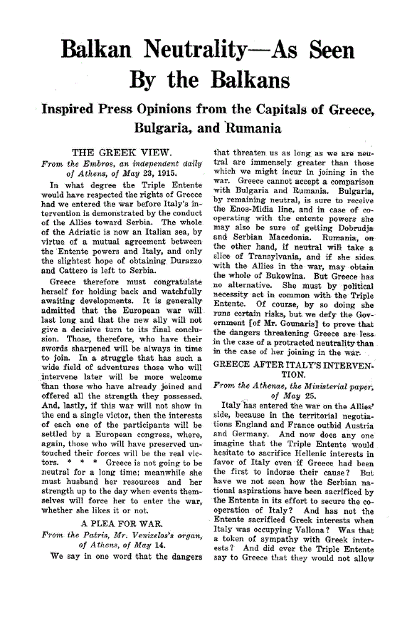 First page of Balkan Neutrality—As Seen By the Balkans<subtitle>Inspired Press Opinions from the Capitals of Greece, Bulgaria, and Rumania</subtitle>