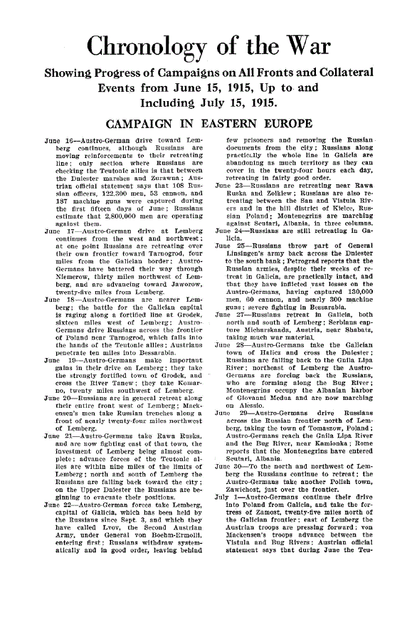 First page of Chronology of the War<subtitle>Showing Progress o f Campaigns on All Fronts and Collateral Events from June 15, 1915, Up to and Including July 15, 1915.</subtitle>