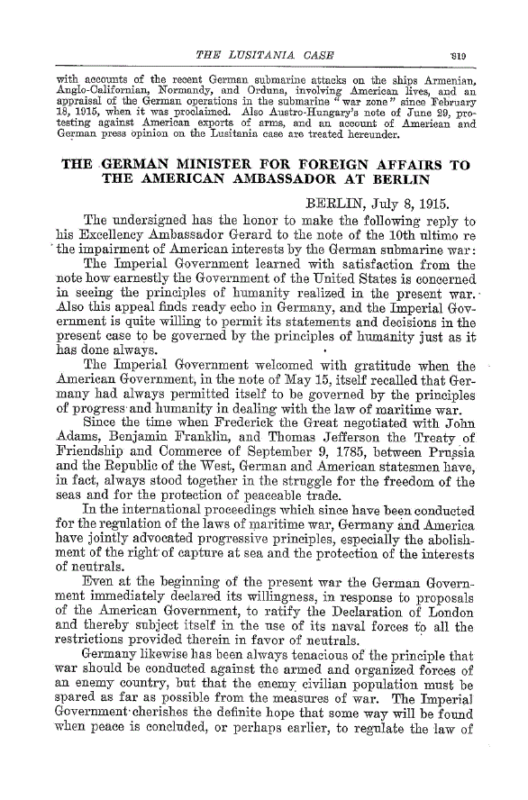 First page of The German Minister For Foreign Affairs To The American Ambassador At Berlin