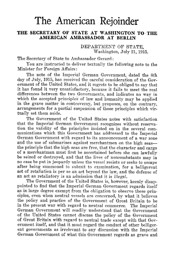 First page of The American Rejoinder<subtitle>The Secretary Of State At Washington To The American Ambassador At Berlin</subtitle>