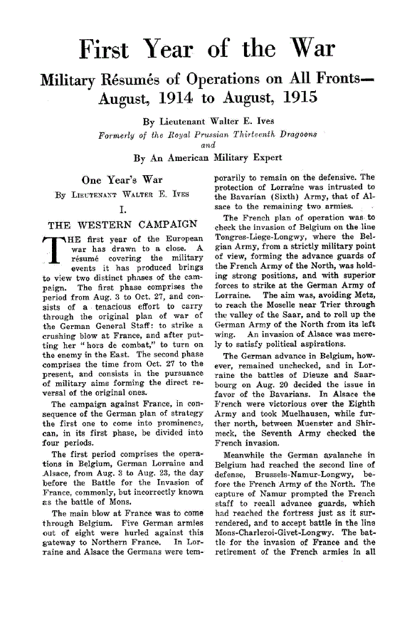 First page of First Year of the War<subtitle>Military Resumes of Operations on All Fronts—August, 1914 to August, 1915</subtitle>