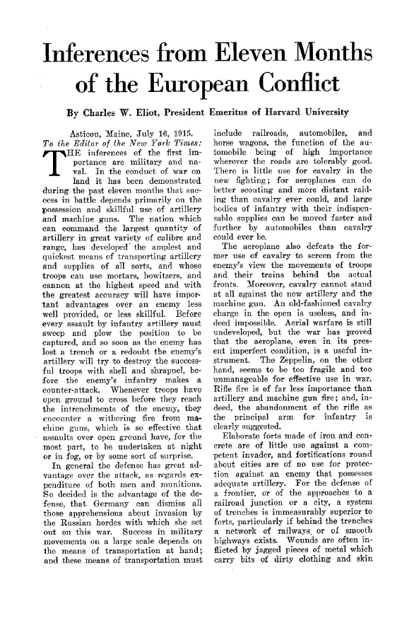 First page of Inferences from Eleven Months of the European Conflict