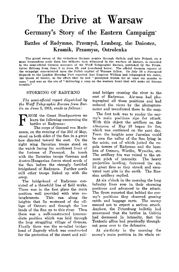 First page of The Drive at Warsaw<subtitle>Germany’s Story of the Eastern Campaign Battles of Radymno, Przemysl, Lemberg, the Dniester, Krasnik, Przasnysz, Ostrolenka</subtitle>