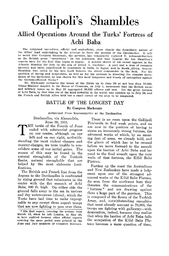 First page of Gallipoli’s Shambles<subtitle>Allied Operations Around the Turks’ Fortress of Achi Baba</subtitle>
