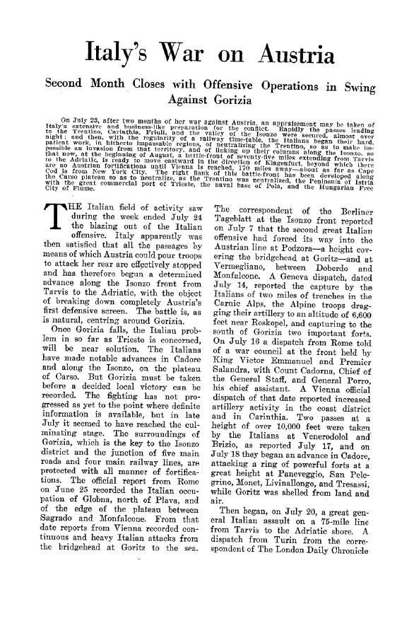 First page of Italy’s War on Austria<subtitle>Second Month Closes with Offensive Operations in Swing Against Gorizia</subtitle>