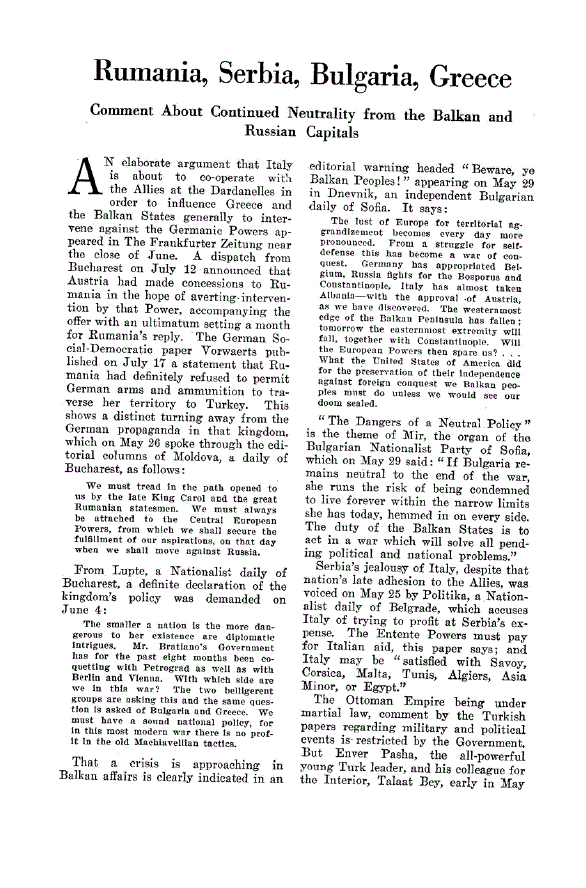 First page of Rumania, Serbia, Bulgaria, Greece<subtitle>Comment About Continued Neutrality from the Balkan and Russian Capitals</subtitle>