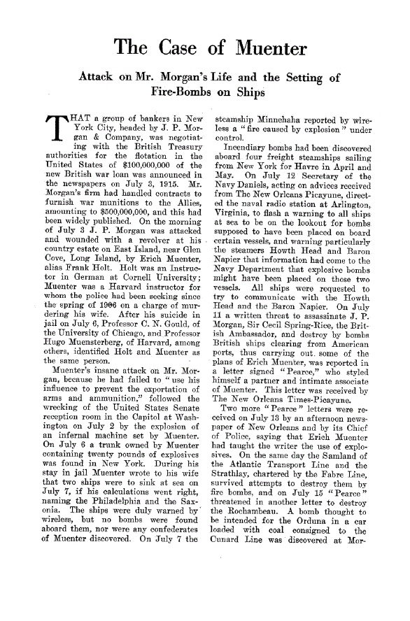 First page of The Case of Muenter<subtitle>Attack on Mr. Morgan’s Life and the Setting of Fire-Bombs on Ships</subtitle>