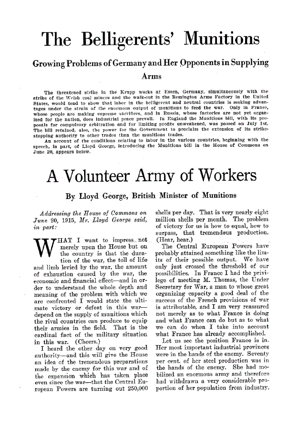 First page of The Belligerents’ Munitions Growing Problems of Germany and Her Opponents in Supplying
Arms<subtitle>A Volunteer Army of Workers</subtitle>