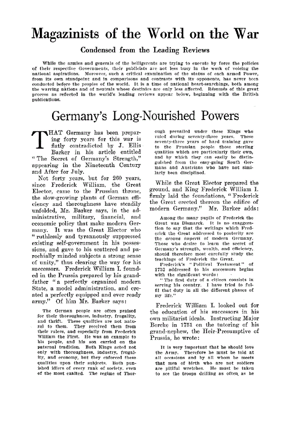 First page of Magazinists of the World on the War<subtitle>Condensed from the Leading Reviews</subtitle>