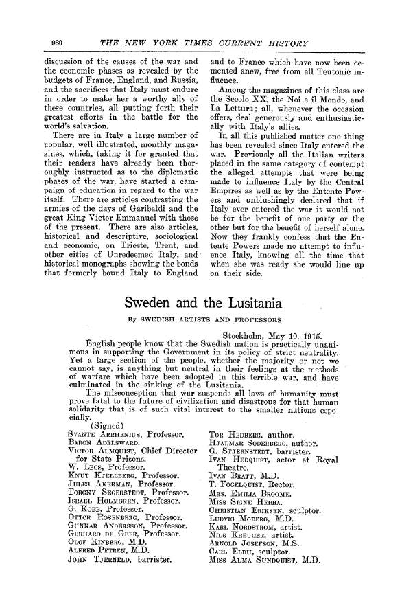 First page of Sweden and the Lusitania