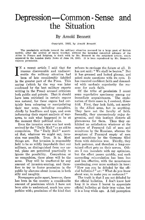 First page of Depression Common - Sense and the Situation