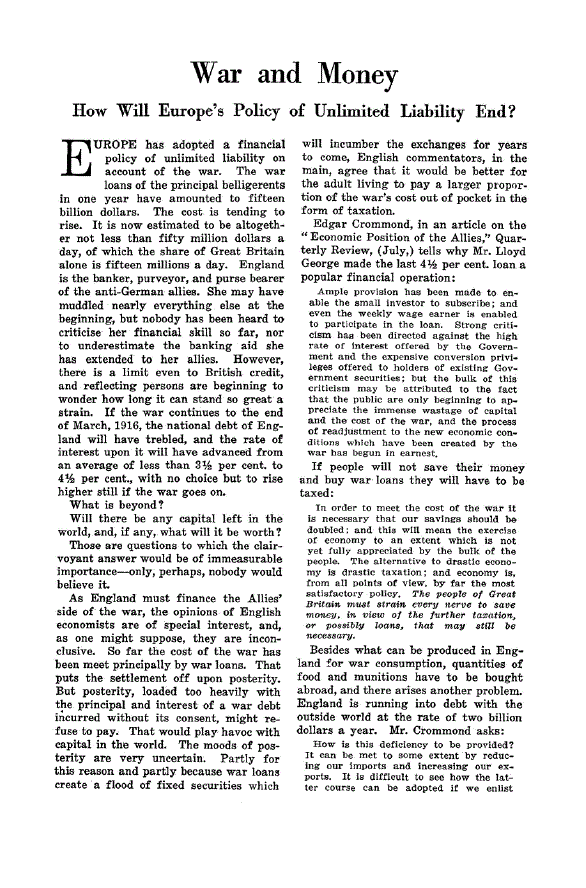 First page of War and Money<subtitle>How Will Europe’s Policy of Unlimited Liability End?</subtitle>