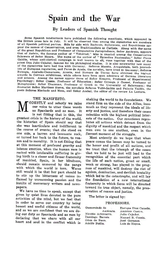 First page of Spain and the War