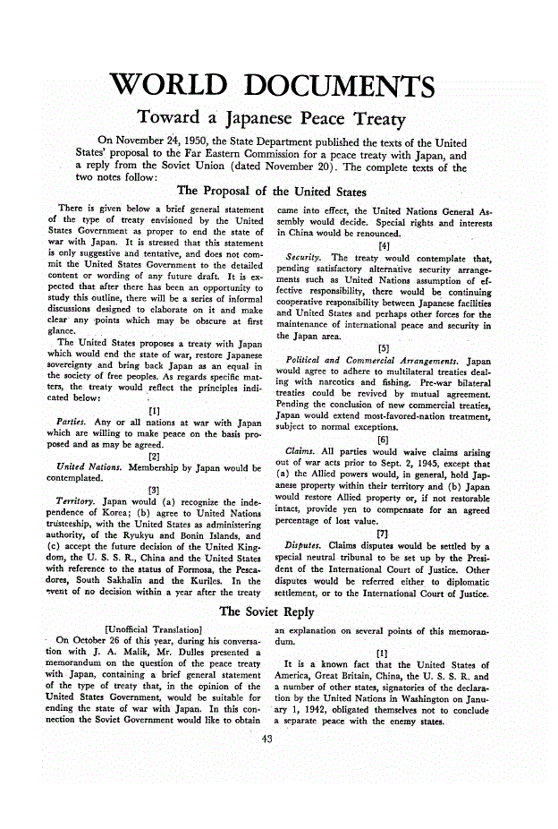 First page of Toward a Japanese Peace Treaty