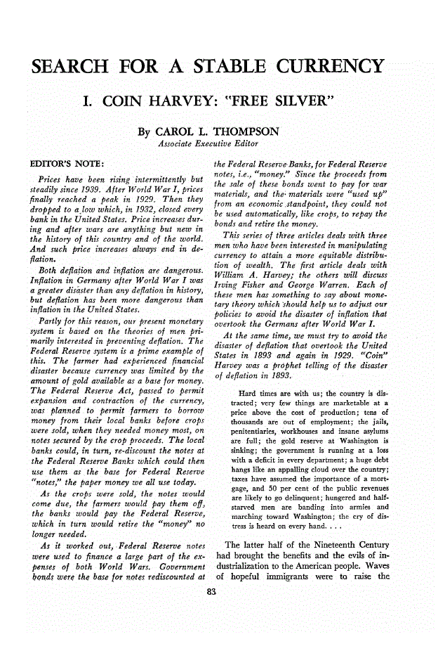 First page of Search For a Stable Currency<subtitle>I. Coin Harvey: “Free Silver”</subtitle>