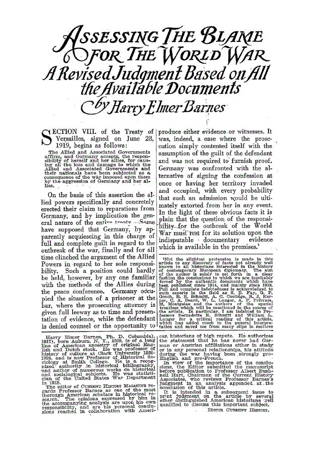 First page of Assessing the Blame for the World War A Revised Judgment Based on All the Available Documents