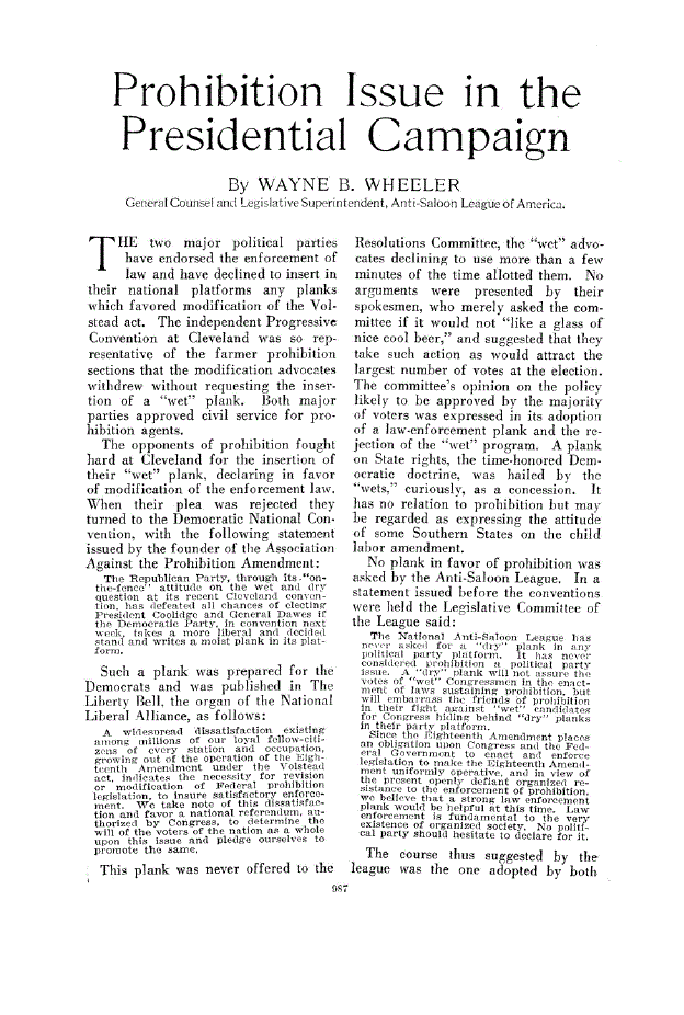 First page of Prohibition Issue in the Presidential Campaign