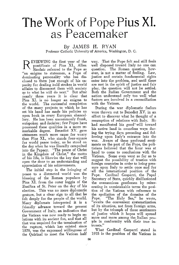 First page of The Work of Pope Pius XI. as Peacemaker