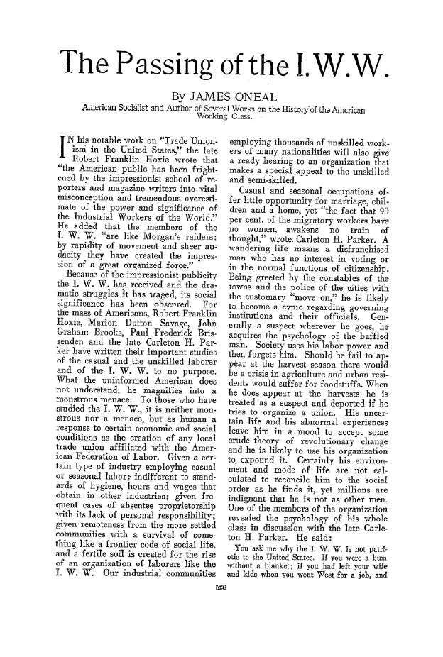 First page of The Passing of the I.W.W.