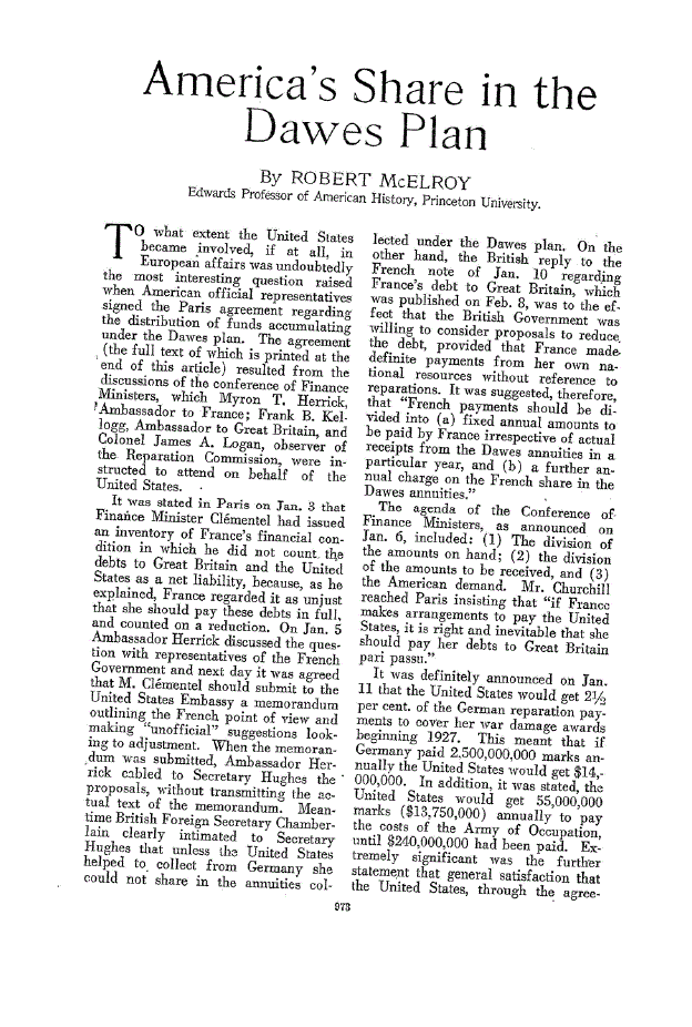 First page of America’s Share in the Dawes Plan